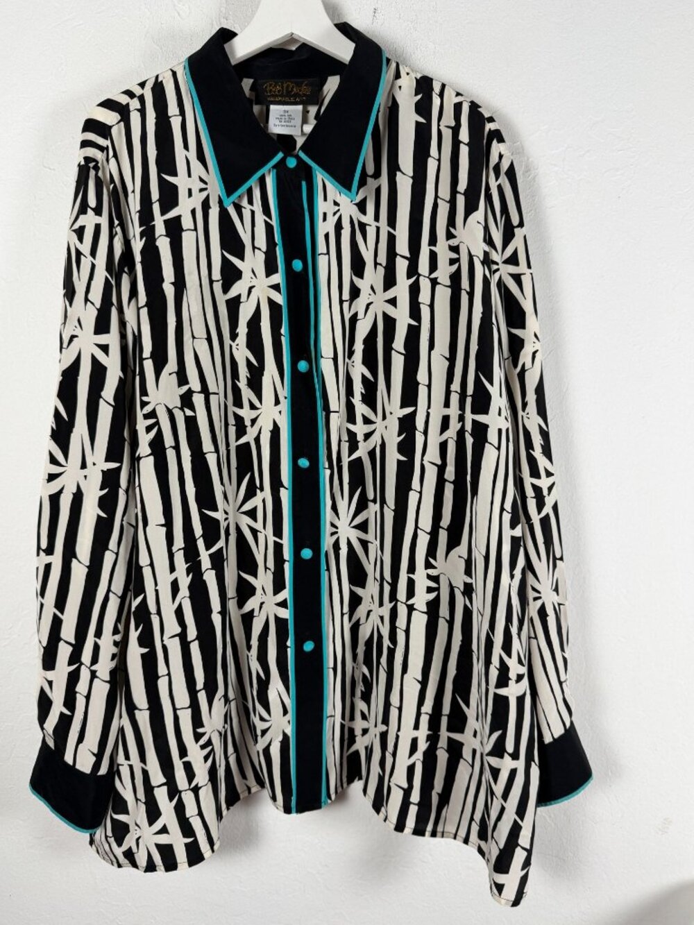 Bob Mackie Wearable Art Womens Bamboo Print Silk Button Down Blouse Navy Teal 3X